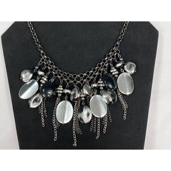Vintage Premier Designs SKU 014 Chunky Silver Black Oval Beaded Statement Neckla - Picture 3 of 7